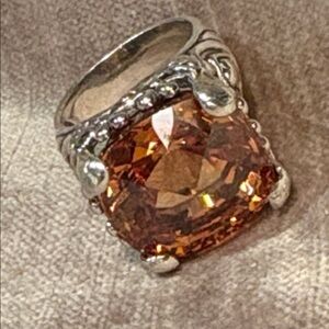 Elegant Sterling Silver 925 Ring  Rich Brown Whiskey Quartz Cushion Cut 5.75